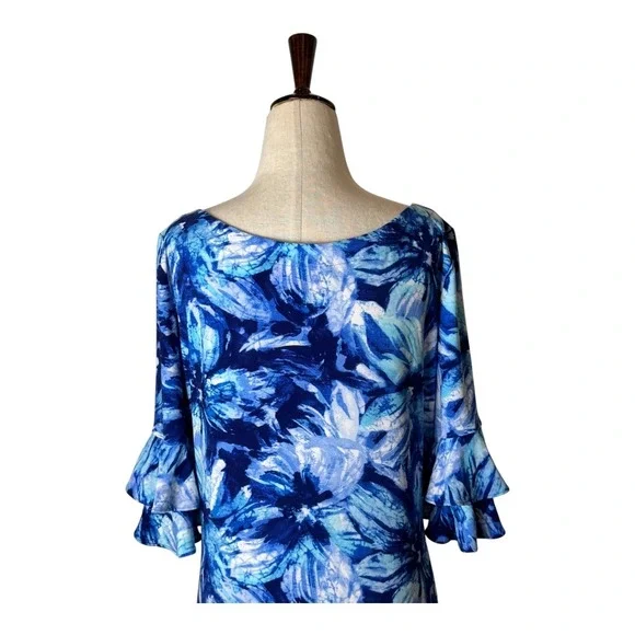 Pappagallo Dress Women Medium Blue Floral Bell Sleeve Mini Boho Flowy‎ Beach - Picture 8 of 11